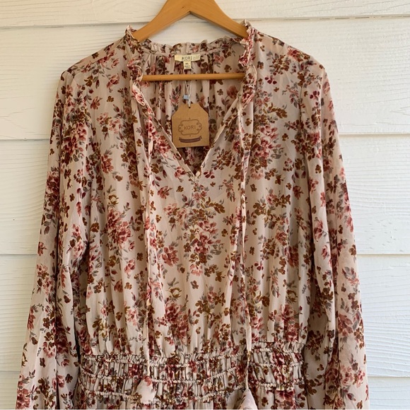 Kori Plus XL Floral smocked waist v neck flutter hem long sleeve mini dress - Picture 9 of 16